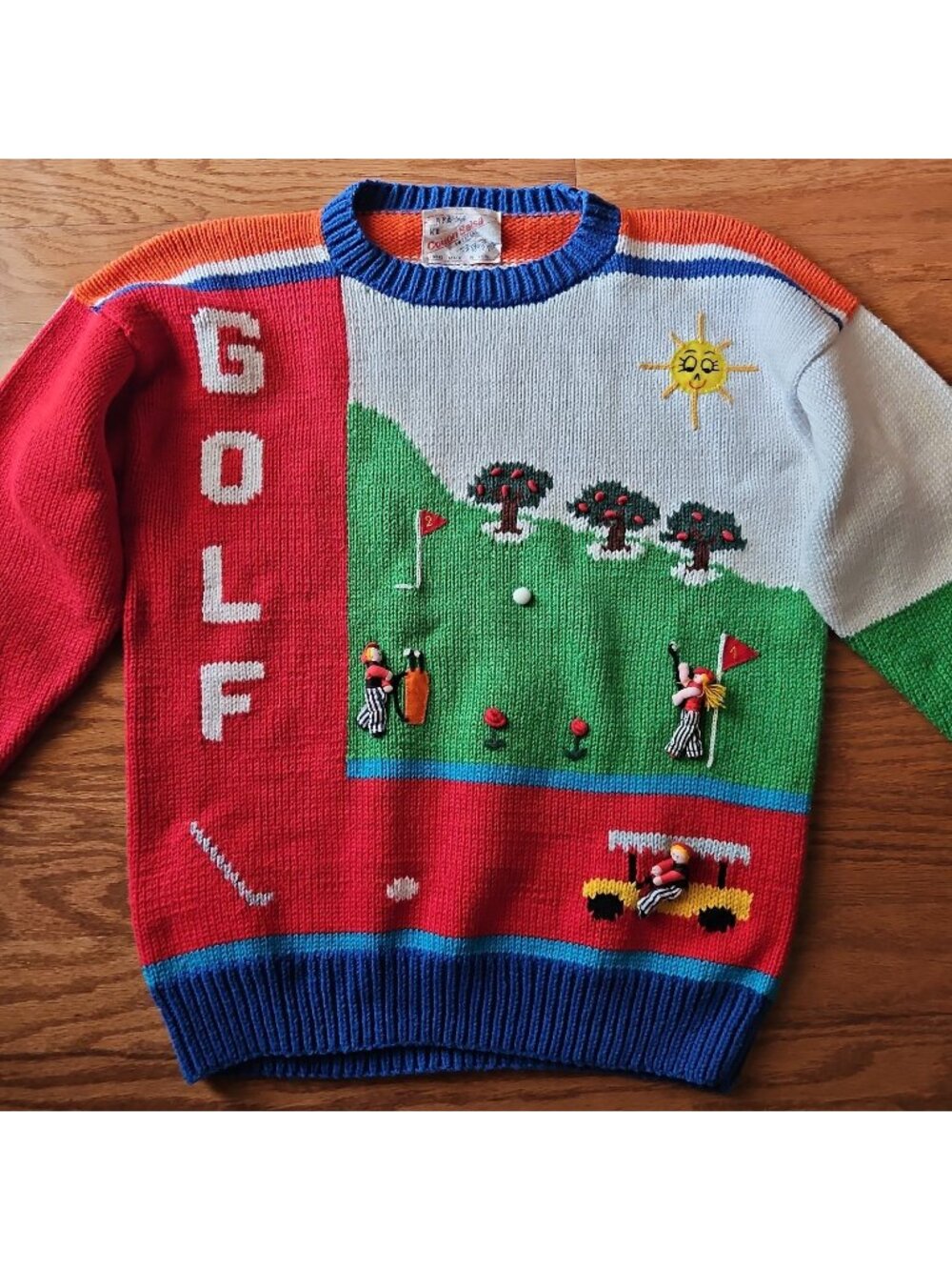 Vtg Cotton Salsa Golf Theme 3D Sweater Hand Knit Peru Cotton Whimsical Rare READ